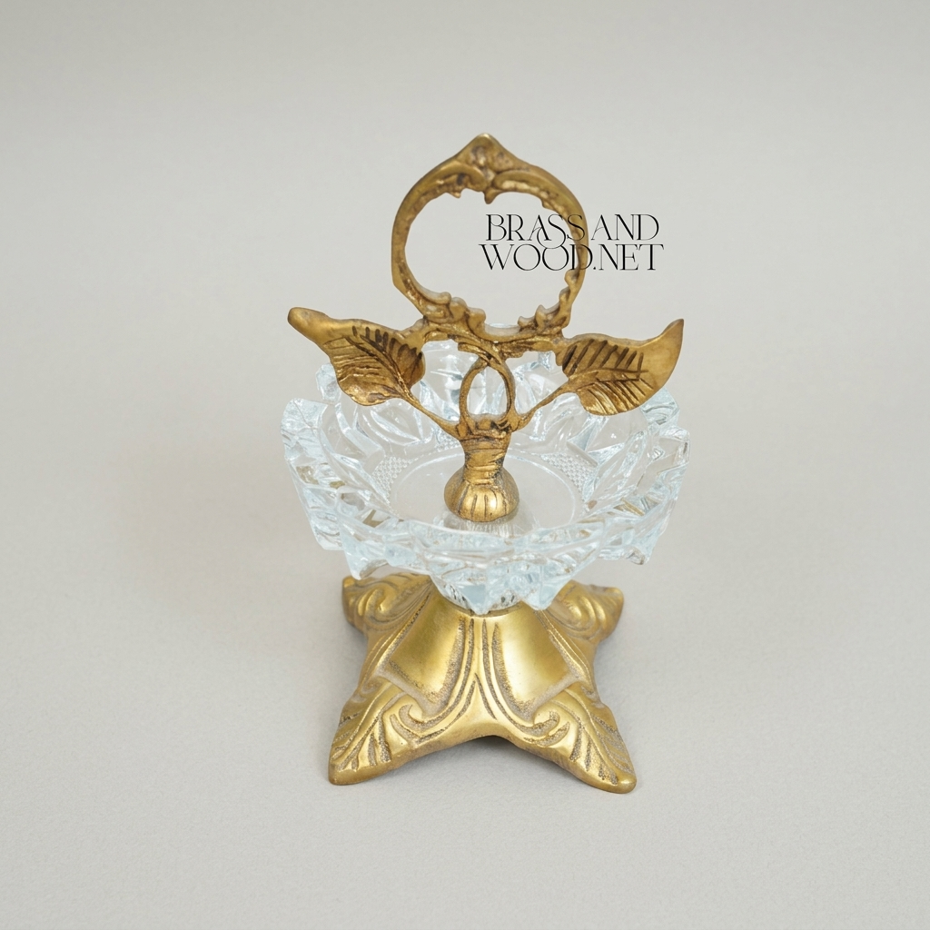 Rococo Brass & Crystal Ashtray Stand with Leaf Crown and Faceted Sphere — Antique Gold