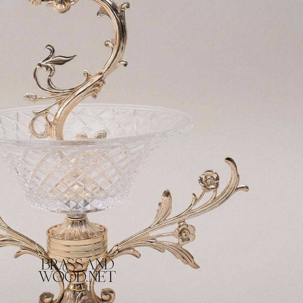 Rococo Brass & Crystal Candelabra Centrepiece with Scrolling Acanthus Stem and Cut-Crystal Bowl — Silver