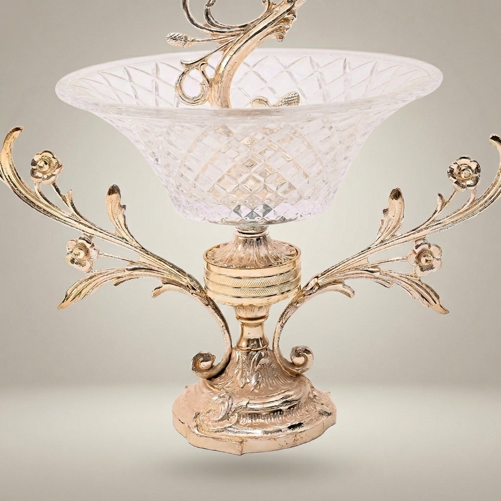 Rococo Brass & Crystal Candelabra Centrepiece with Scrolling Acanthus Stem and Cut-Crystal Bowl — Silver
