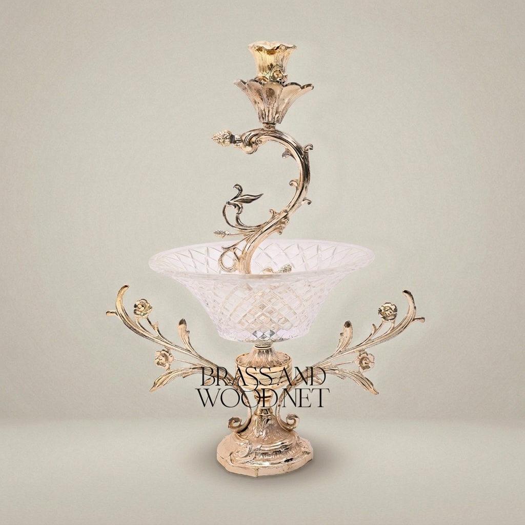 Rococo Brass & Crystal Candelabra Centrepiece with Scrolling Acanthus Stem and Cut-Crystal Bowl — Silver