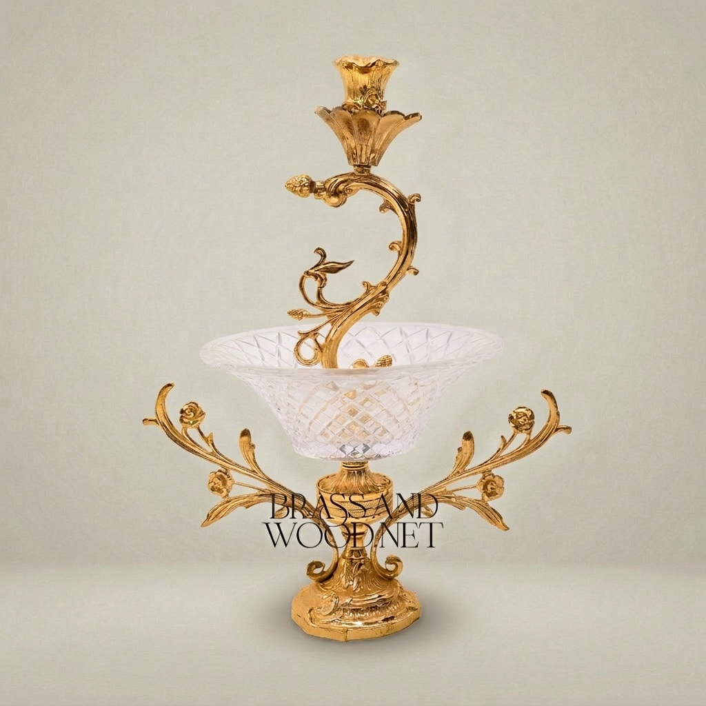 Rococo Brass & Crystal Candelabra Centrepiece with Scrolling Acanthus Stem and Cut-Crystal Bowl — Gold