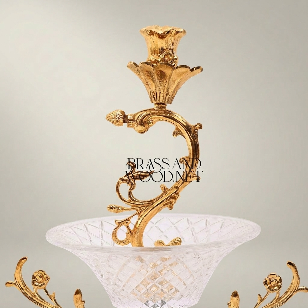 Rococo Brass & Crystal Candelabra Centrepiece with Scrolling Acanthus Stem and Cut-Crystal Bowl — Gold