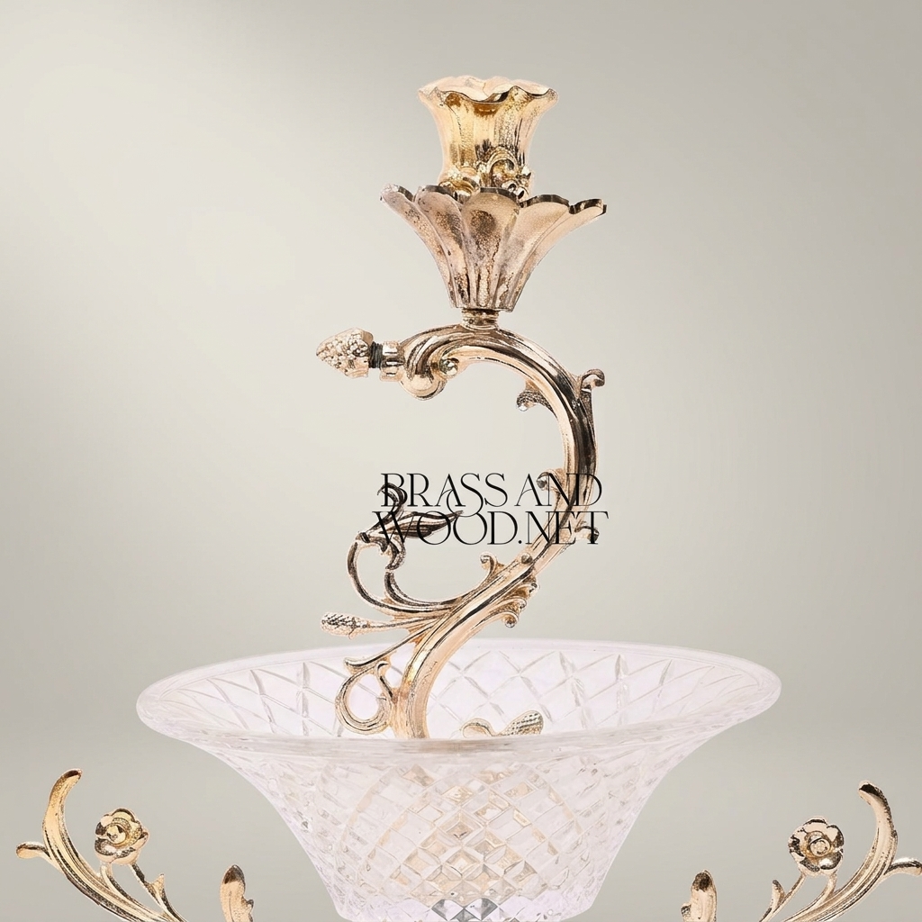 Rococo Brass & Crystal Candelabra Centrepiece with Scrolling Acanthus Stem and Cut-Crystal Bowl — Silver
