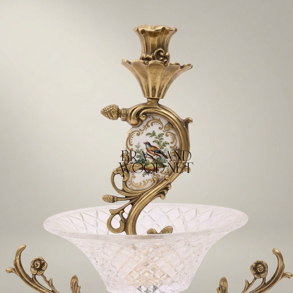 Rococo Brass & Crystal Candelabra Centrepiece with Scrolling Acanthus Stem and Cut-Crystal Bowl — Antique Gold