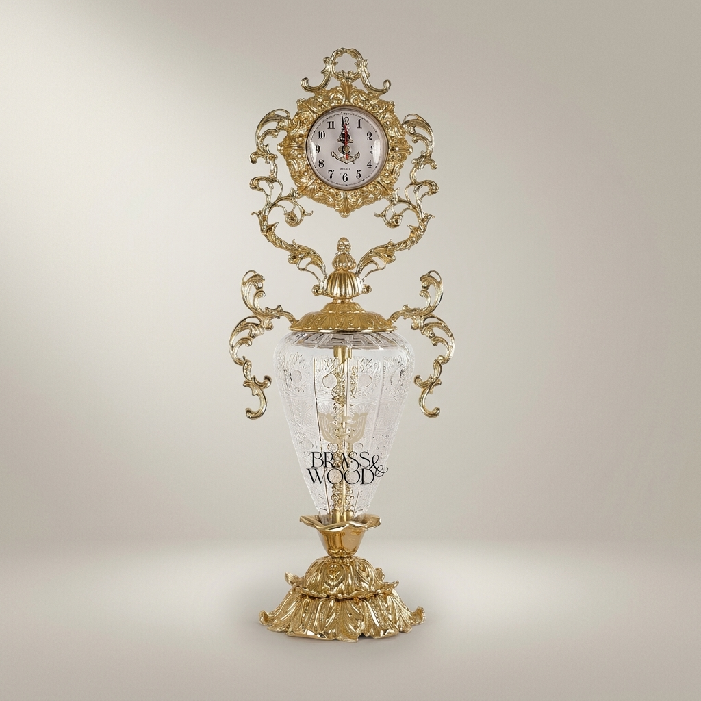 Rococo Brass & Crystal Candelabra Clock Garniture Set – Scrolling Acanthus 3-Piece — Antique Gold