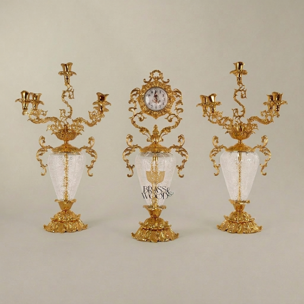 Rococo Brass & Crystal Candelabra Clock Garniture Set – Scrolling Acanthus 3-Piece — Gold