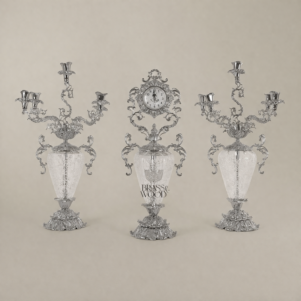 Rococo Brass & Crystal Candelabra Clock Garniture Set – Scrolling Acanthus 3-Piece — Silver