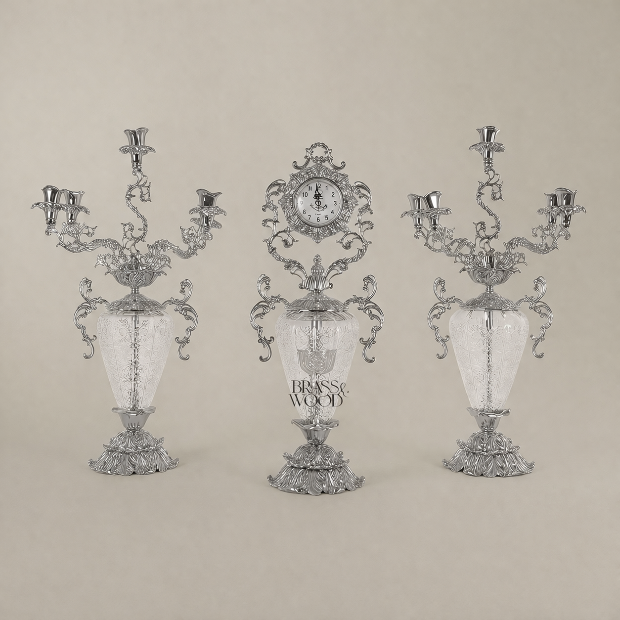 Rococo Brass & Crystal Candelabra Clock Garniture Set – Scrolling Acanthus 3-Piece — Silver