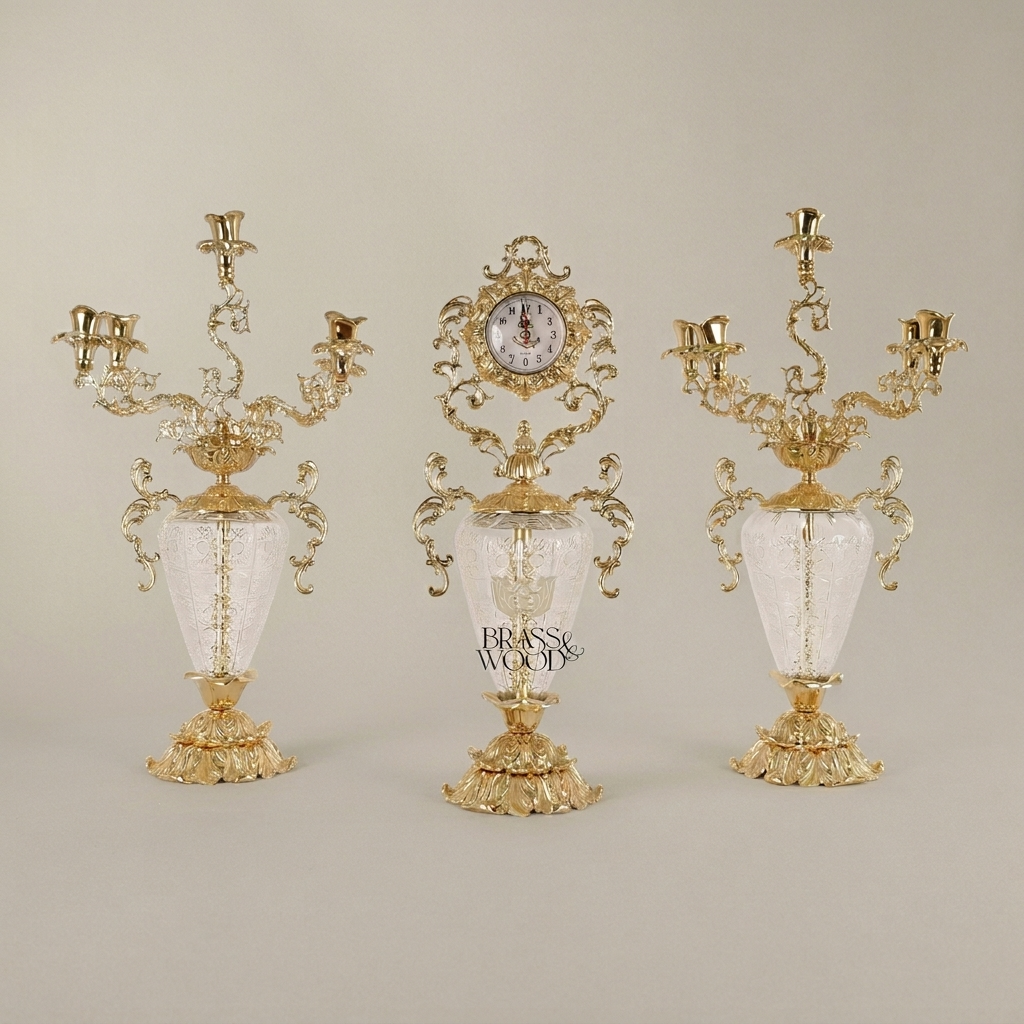 Rococo Brass & Crystal Candelabra Clock Garniture Set – Scrolling Acanthus 3-Piece — Antique Gold