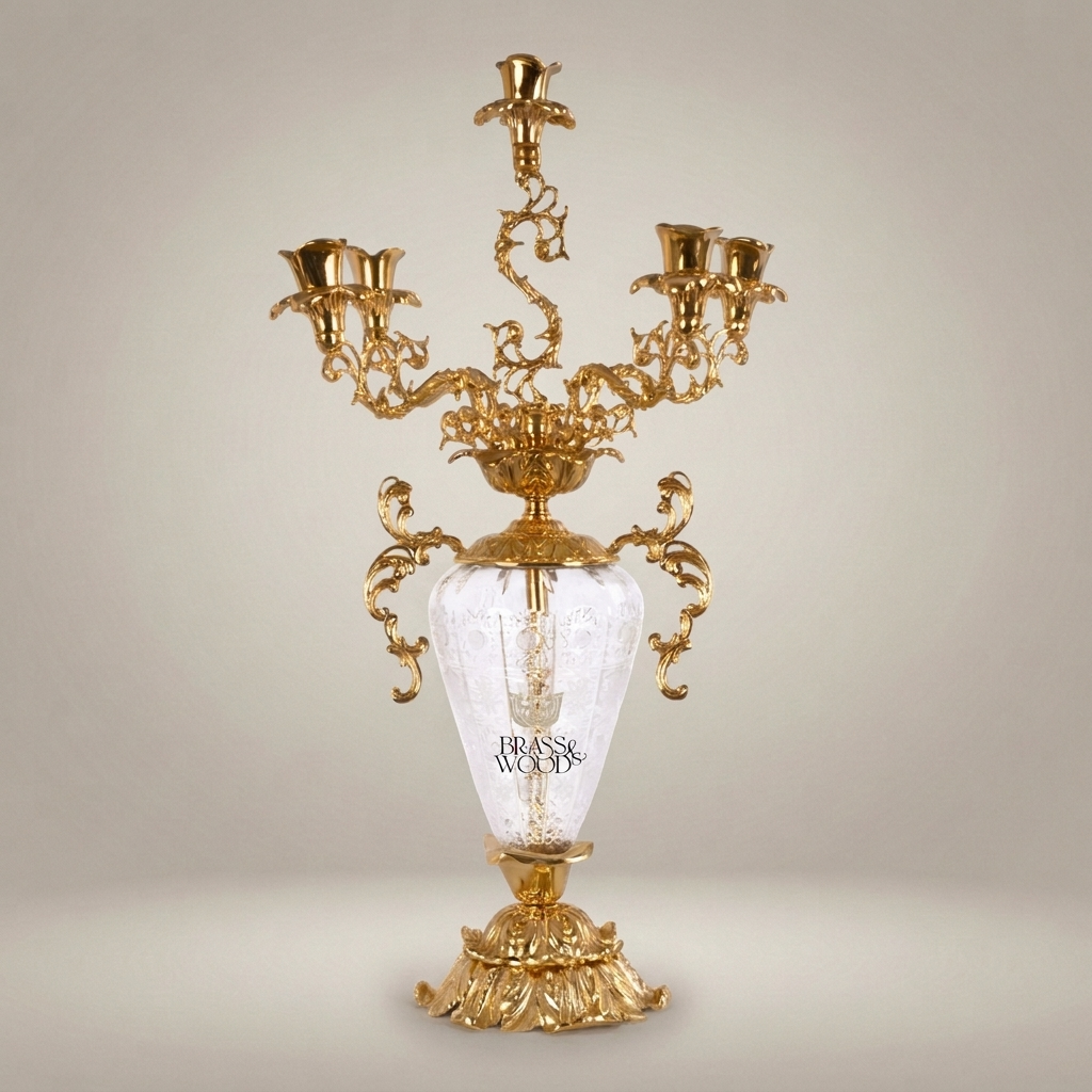 Rococo Brass & Crystal Candelabra Clock Garniture Set – Scrolling Acanthus 3-Piece — Gold