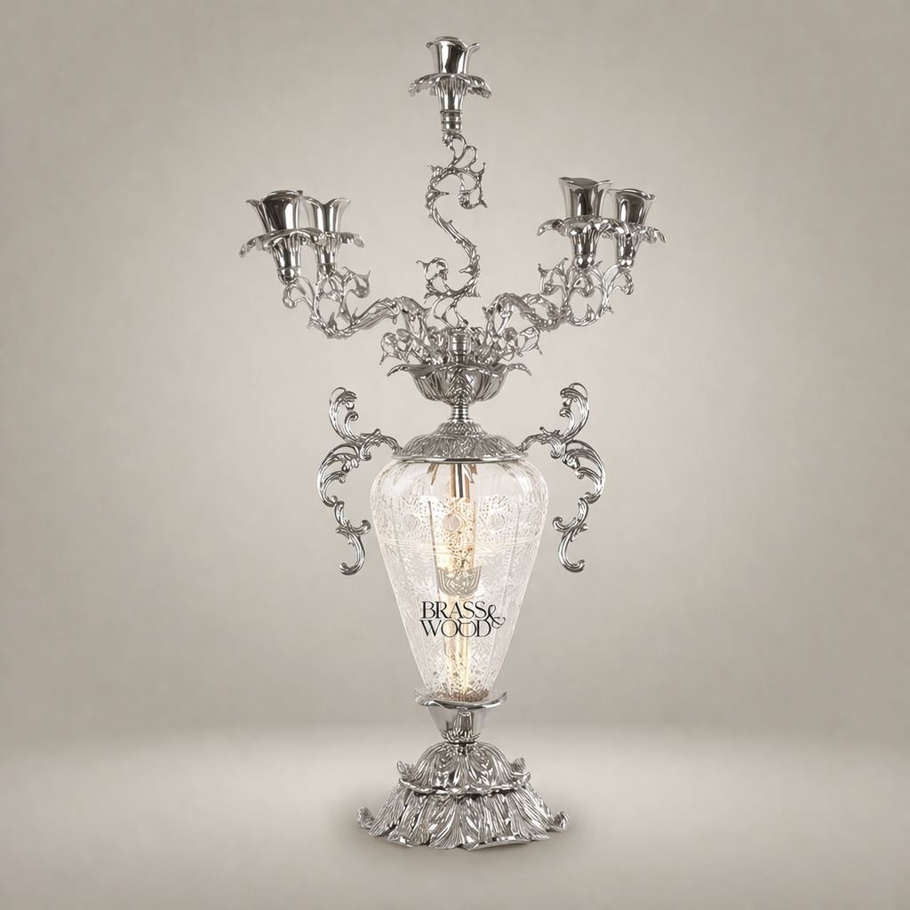 Rococo Brass & Crystal Candelabra Clock Garniture Set – Scrolling Acanthus 3-Piece — Silver