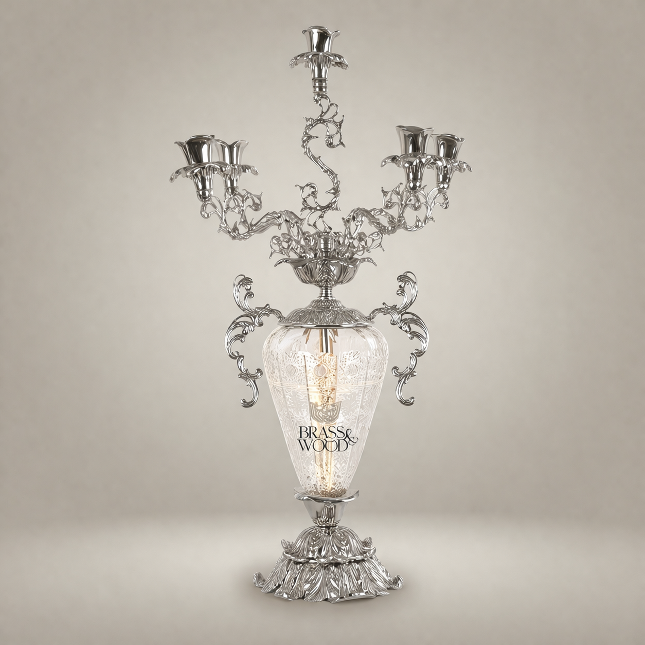 Rococo Brass & Crystal Candelabra Clock Garniture Set – Scrolling Acanthus 3-Piece — Silver