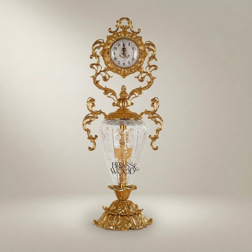 Rococo Brass & Crystal Candelabra Clock Garniture Set – Scrolling Acanthus 3-Piece — Gold