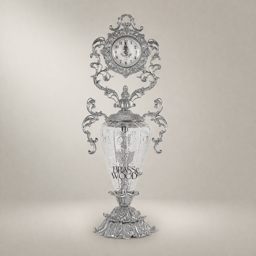 Rococo Brass & Crystal Candelabra Clock Garniture Set – Scrolling Acanthus 3-Piece — Silver