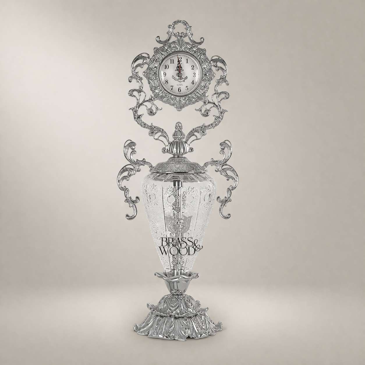 Rococo Brass & Crystal Candelabra Clock Garniture Set – Scrolling Acanthus 3-Piece — Silver