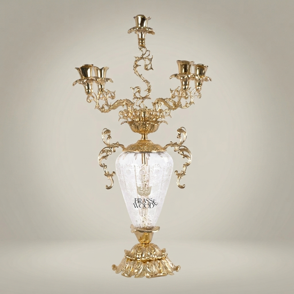 Rococo Brass & Crystal Candelabra Clock Garniture Set – Scrolling Acanthus 3-Piece — Antique Gold