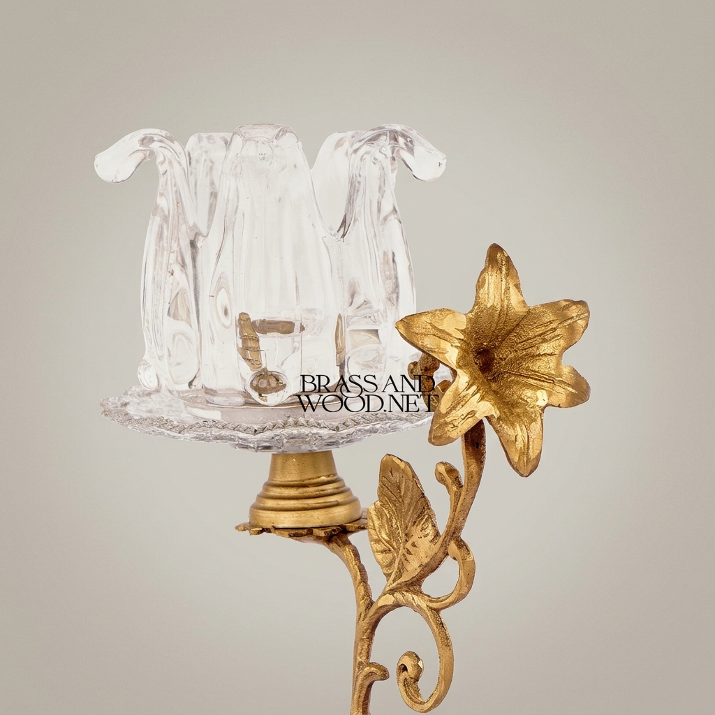 Rococo Brass & Crystal Candle Holder - Floral Stem with Engraved Round Base — Antique Gold