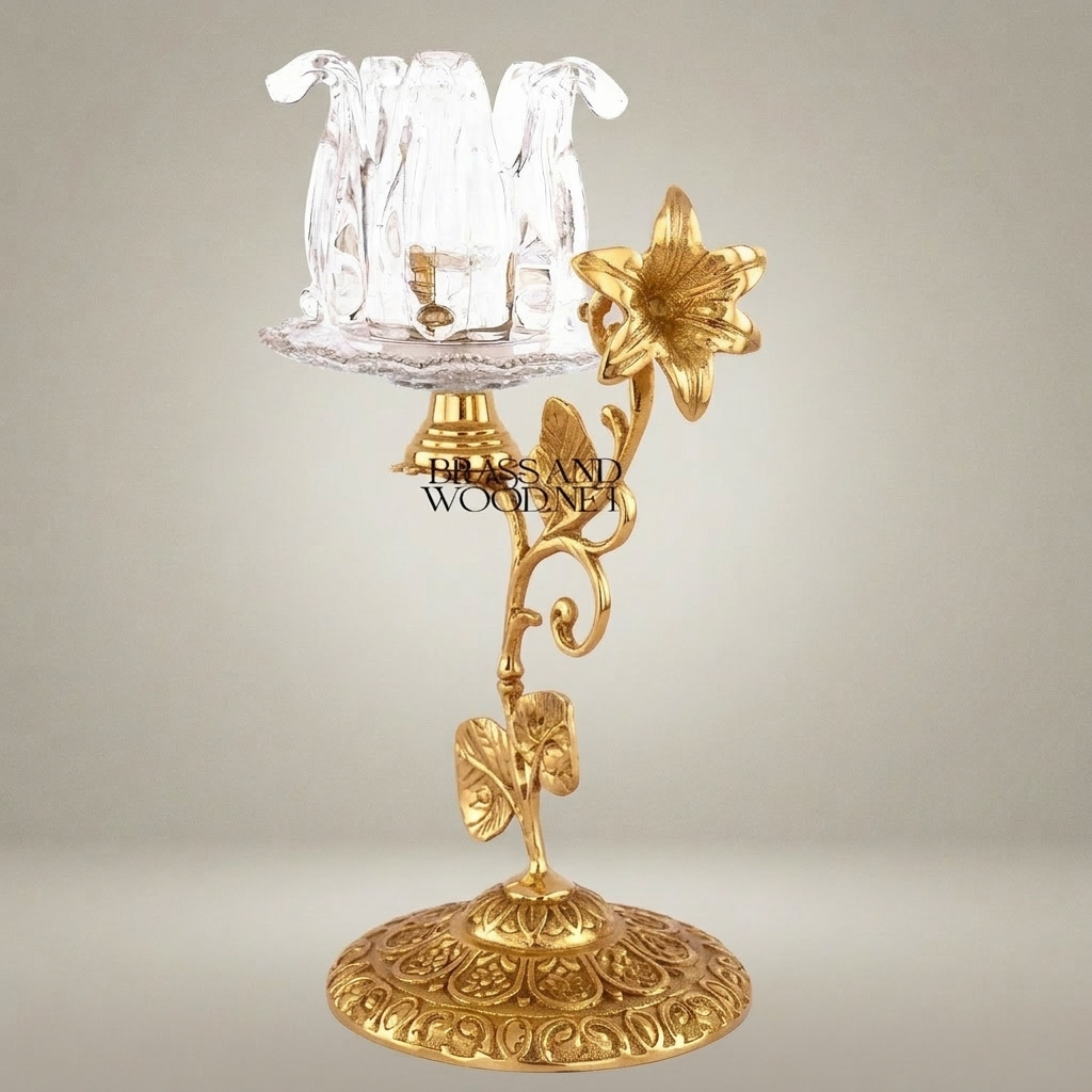 Rococo Brass & Crystal Candle Holder - Floral Stem with Engraved Round Base — Gold