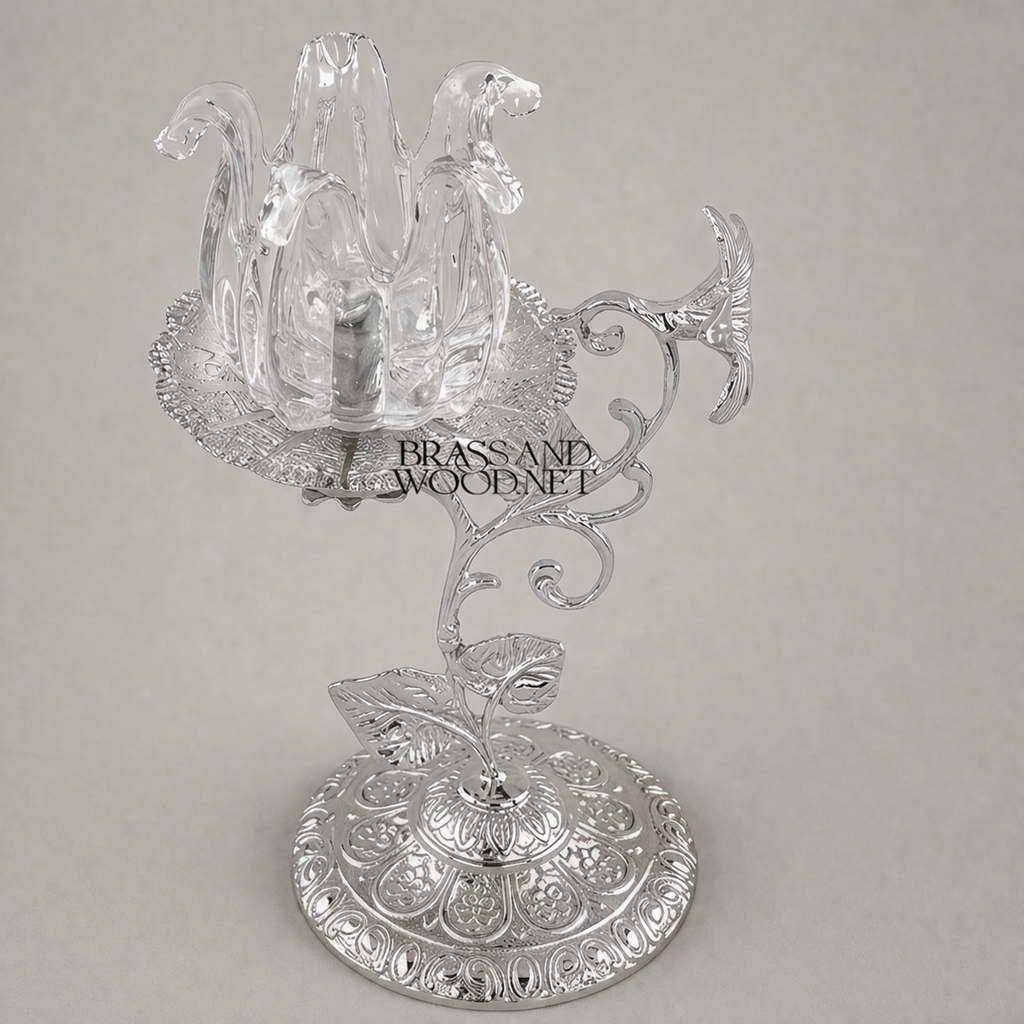 Rococo Brass & Crystal Candle Holder - Floral Stem with Engraved Round Base — Silver