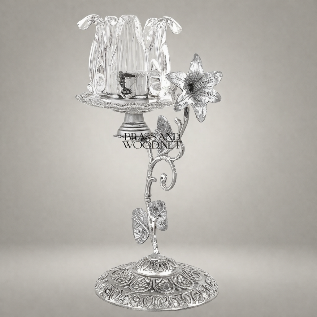Rococo Brass & Crystal Candle Holder - Floral Stem with Engraved Round Base — Silver