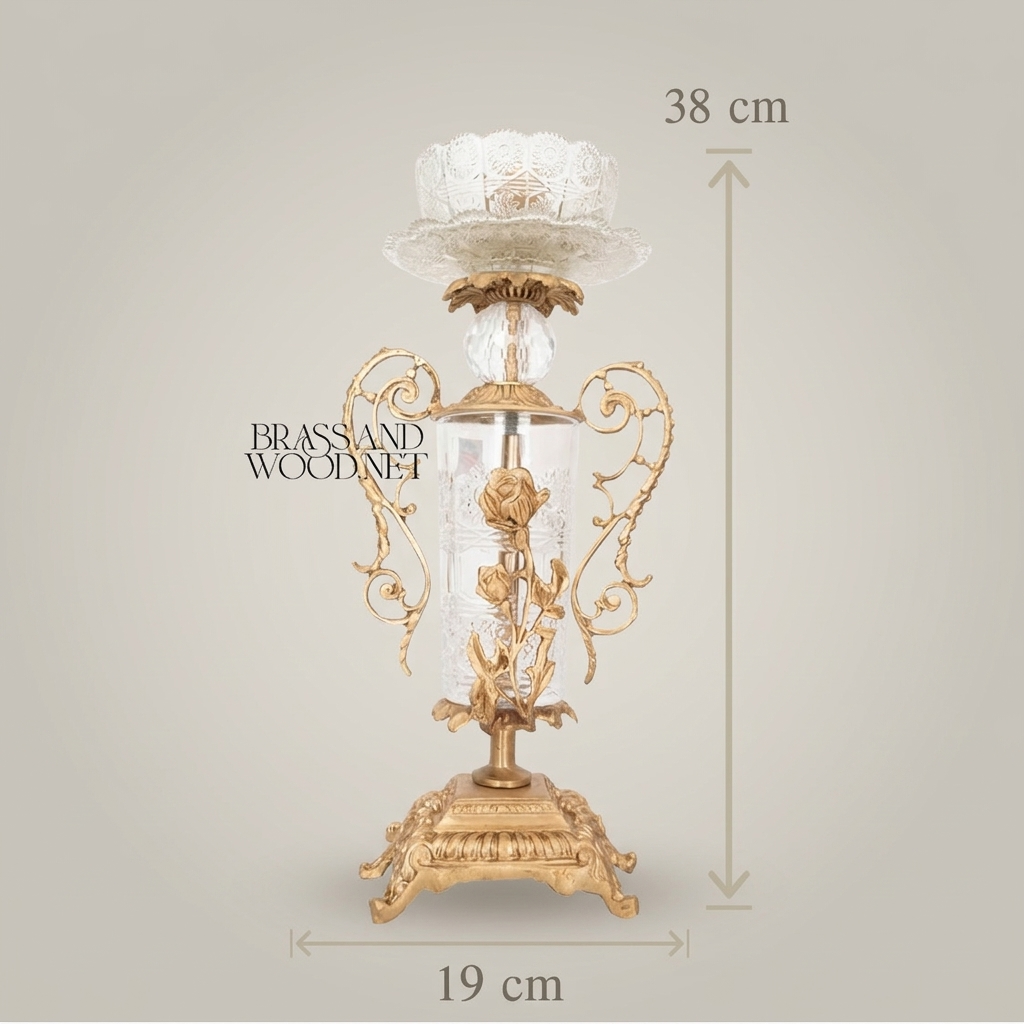 Rococo Brass & Crystal Candlestick with Rose Column and Scroll Handles — Antique Gold