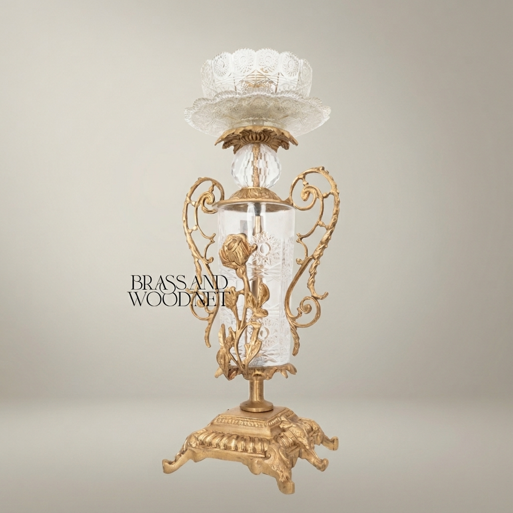 Rococo Brass & Crystal Candlestick with Rose Column and Scroll Handles — Antique Gold