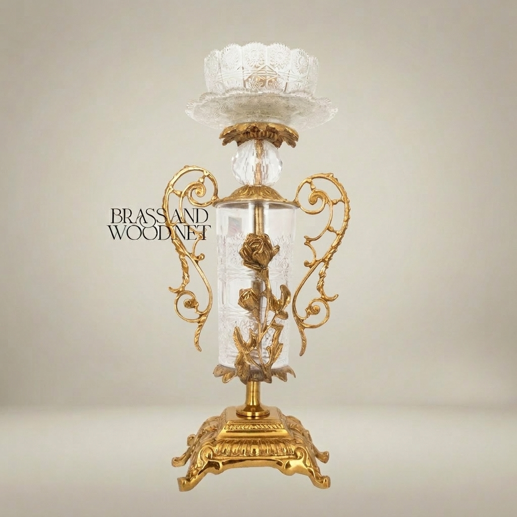 Rococo Brass & Crystal Candlestick with Rose Column and Scroll Handles
