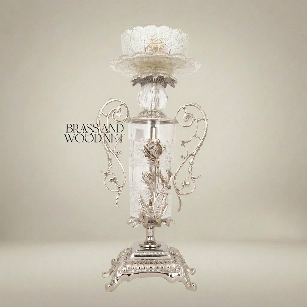 Rococo Brass & Crystal Candlestick with Rose Column and Scroll Handles — Silver