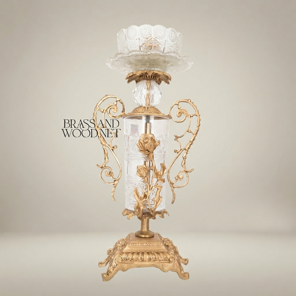 Rococo Brass & Crystal Candlestick with Rose Column and Scroll Handles — Antique Gold