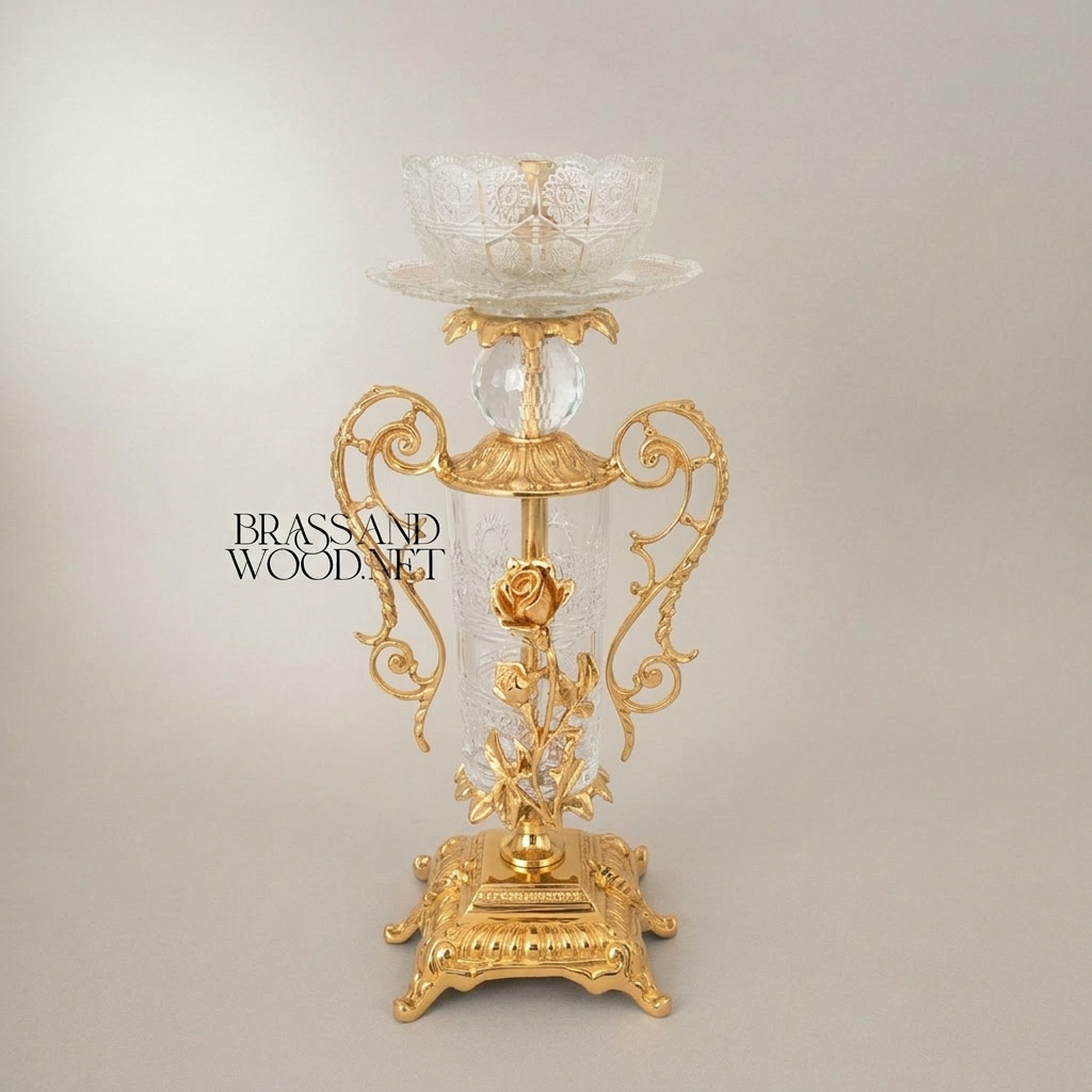Rococo Brass & Crystal Candlestick with Rose Column and Scroll Handles — Gold