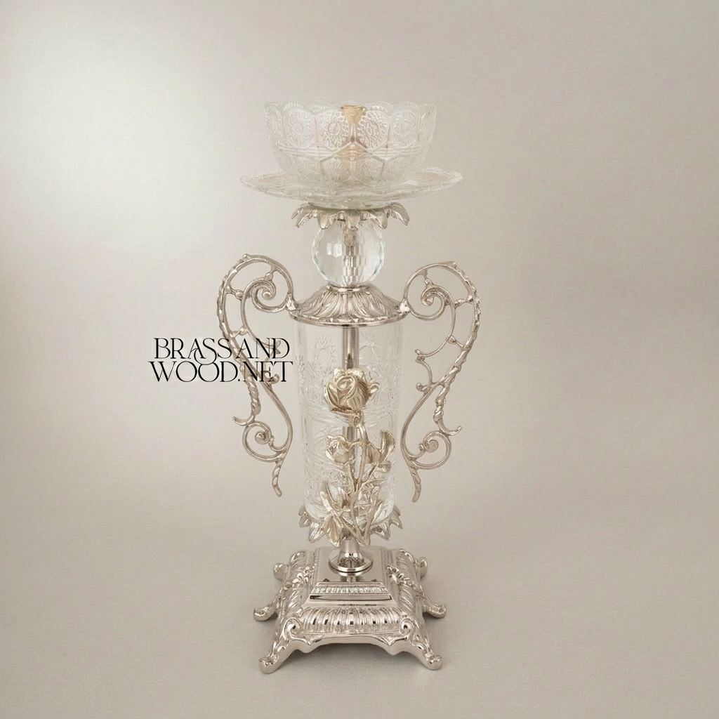 Rococo Brass & Crystal Candlestick with Rose Column and Scroll Handles — Silver