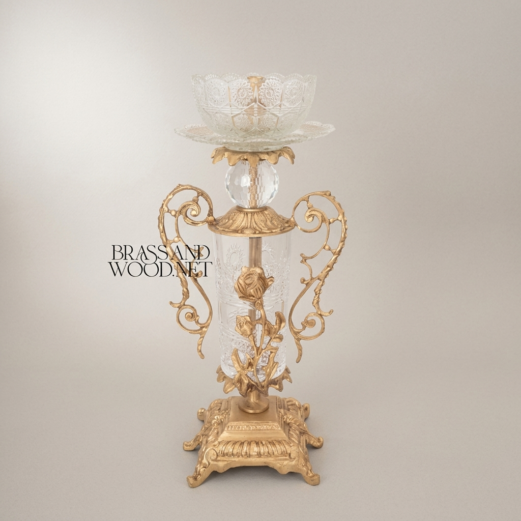 Rococo Brass & Crystal Candlestick with Rose Column and Scroll Handles — Antique Gold