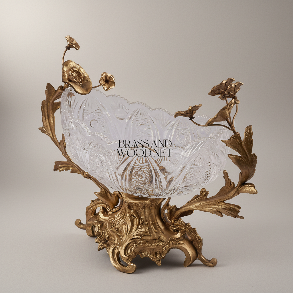 Rococo Brass & Crystal Centerpiece Bowl - Floral Branch Handles — Antique Gold