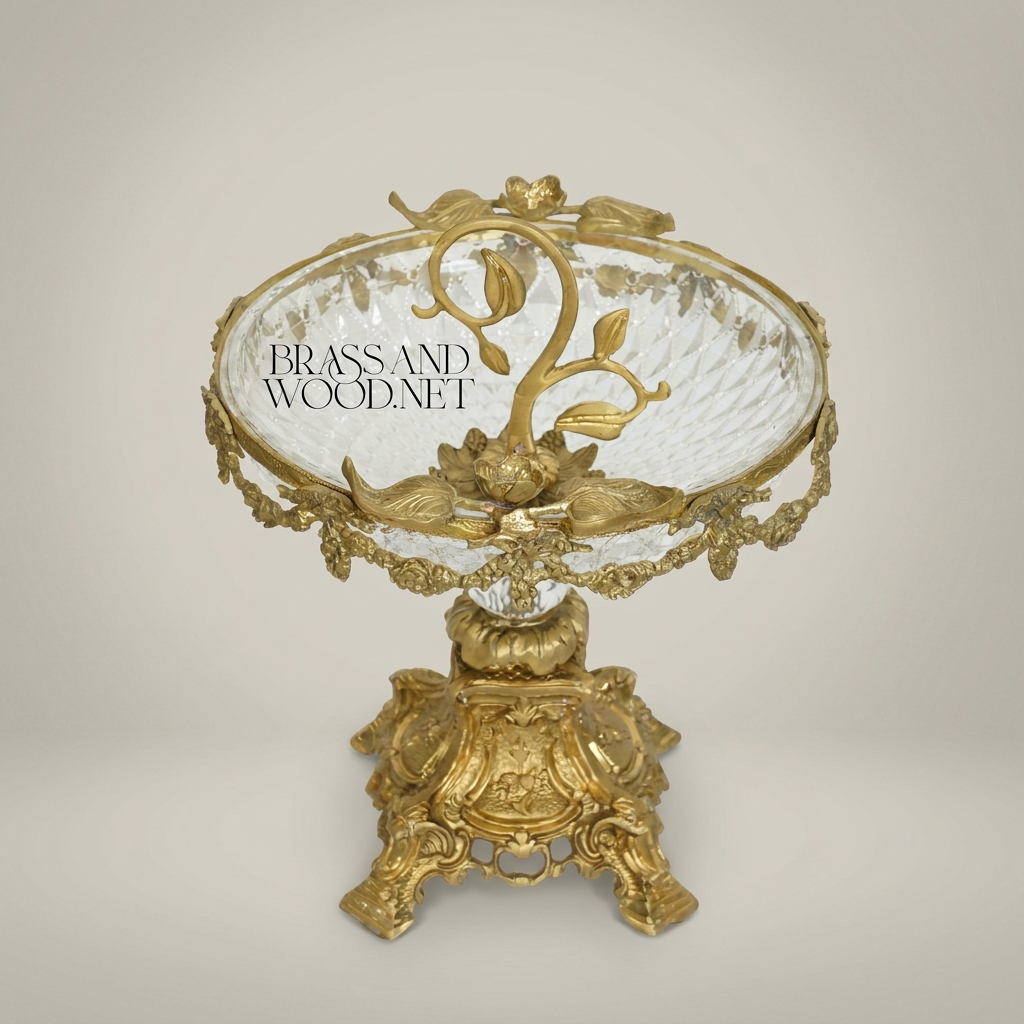 Rococo Brass & Crystal Centerpiece Bowl - Floral Garland Pedestal — Antique Gold