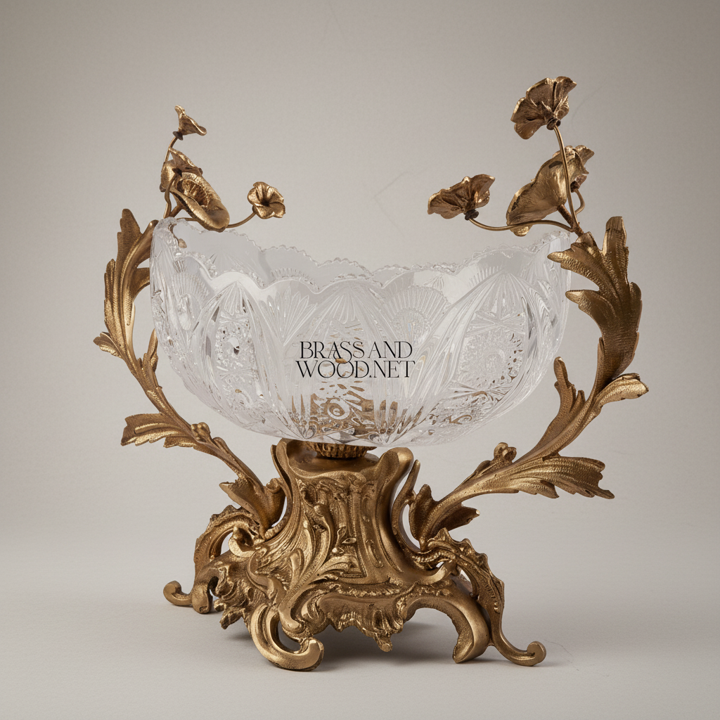 Rococo Brass & Crystal Centerpiece Bowl - Floral Branch Handles — Antique Gold