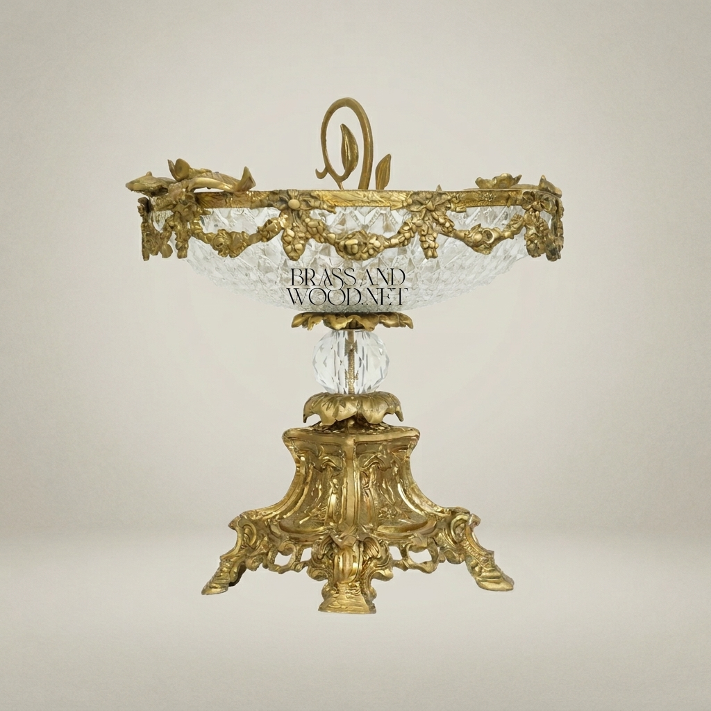 Rococo Brass & Crystal Centerpiece Bowl - Floral Garland Pedestal — Antique Gold