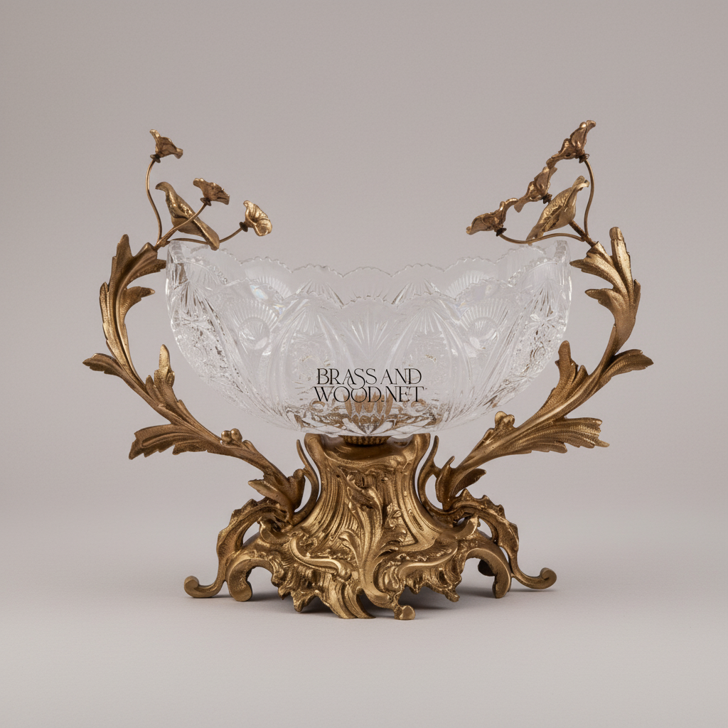 Rococo Brass & Crystal Centerpiece Bowl - Floral Branch Handles