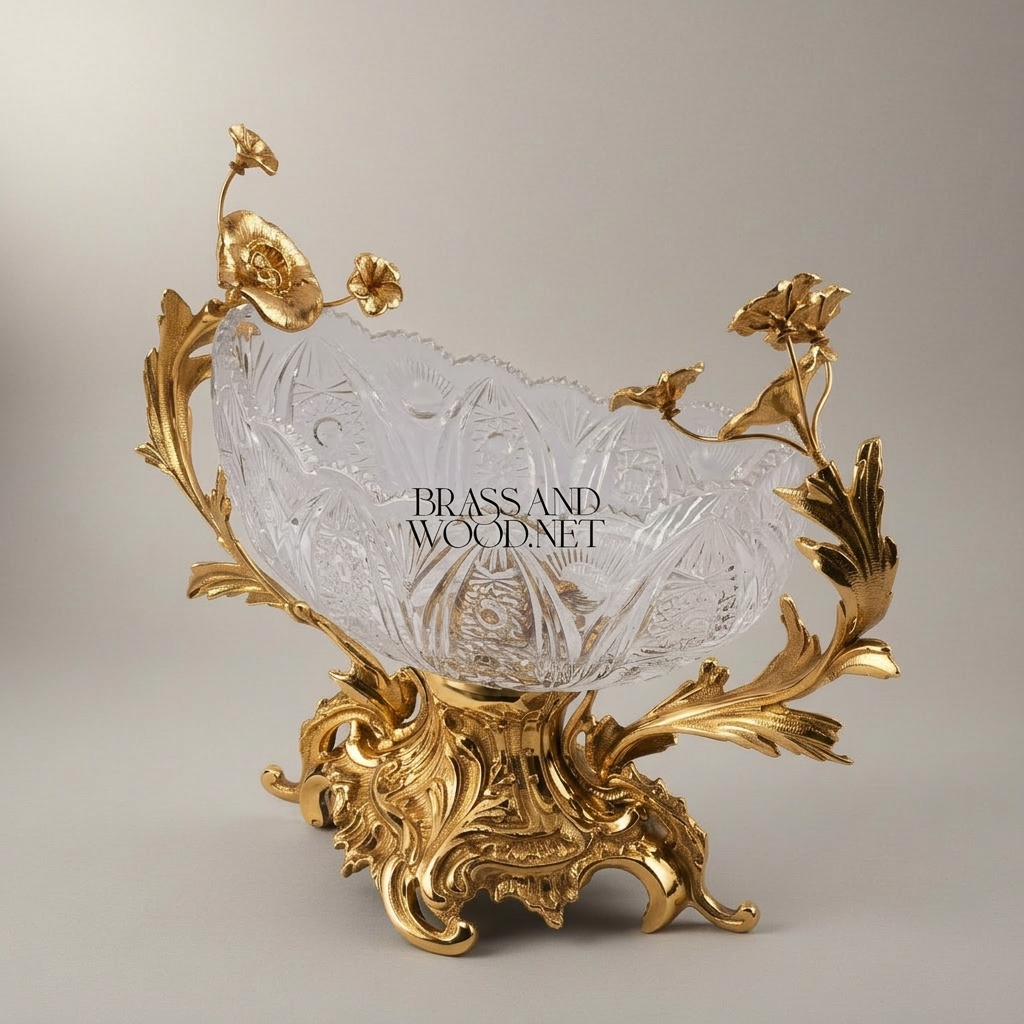 Rococo Brass & Crystal Centerpiece Bowl - Floral Branch Handles — Gold