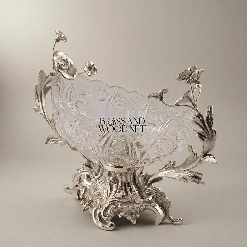 Rococo Brass & Crystal Centerpiece Bowl - Floral Branch Handles — Silver