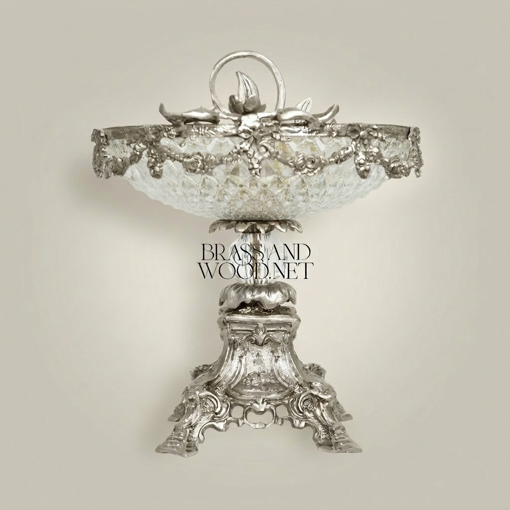 Rococo Brass & Crystal Centerpiece Bowl - Floral Garland Pedestal — Silver