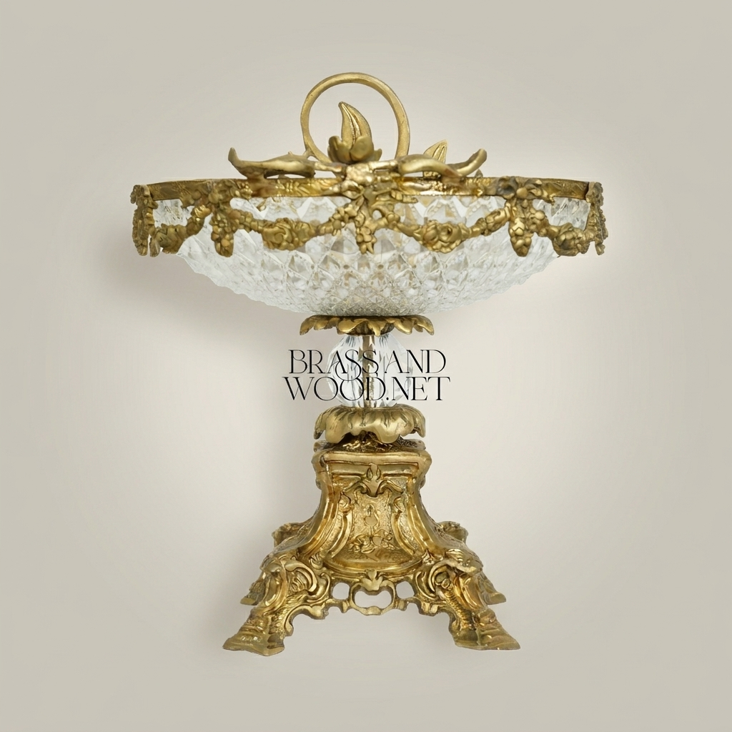 Rococo Brass & Crystal Centerpiece Bowl - Floral Garland Pedestal — Antique Gold