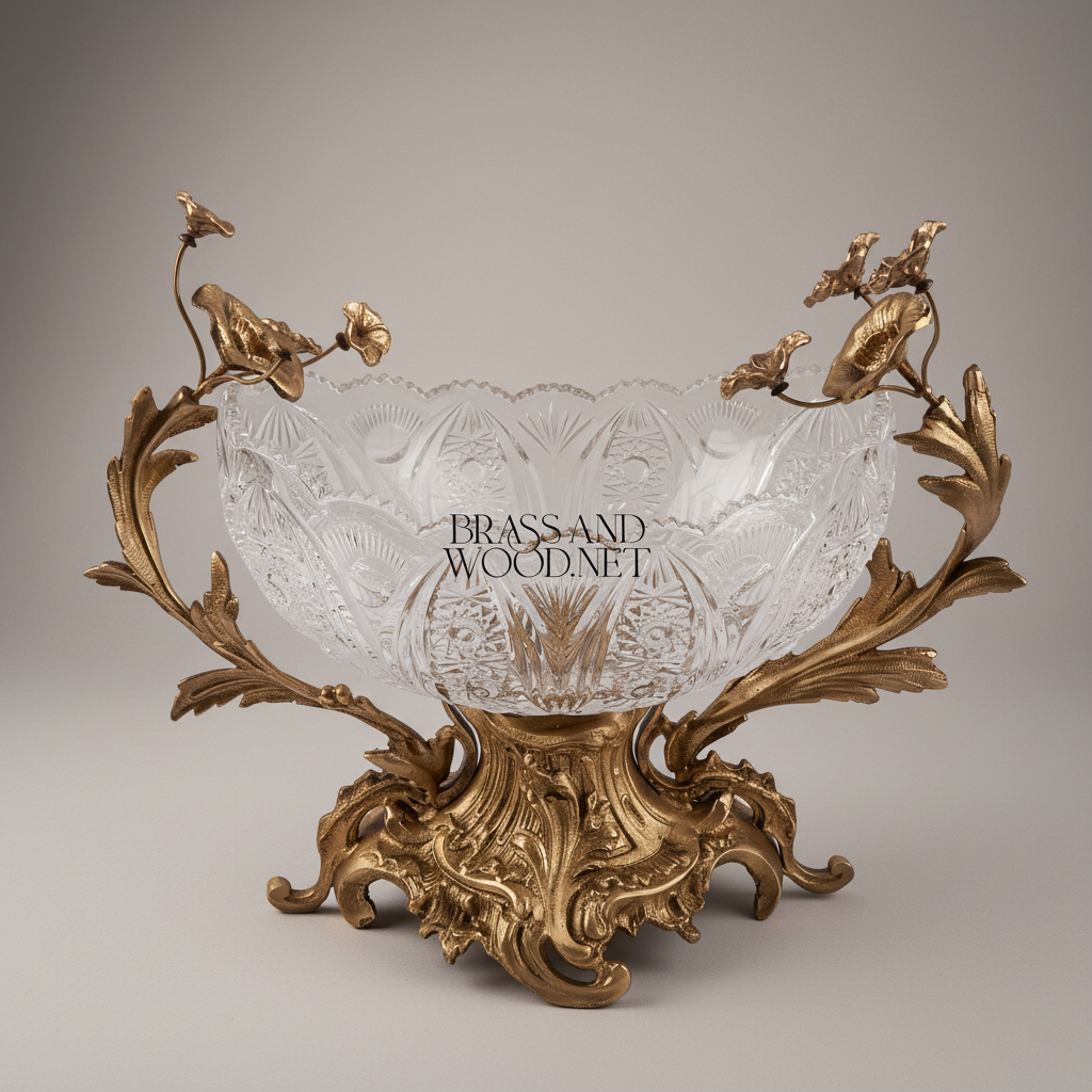 Rococo Brass & Crystal Centerpiece Bowl - Floral Branch Handles