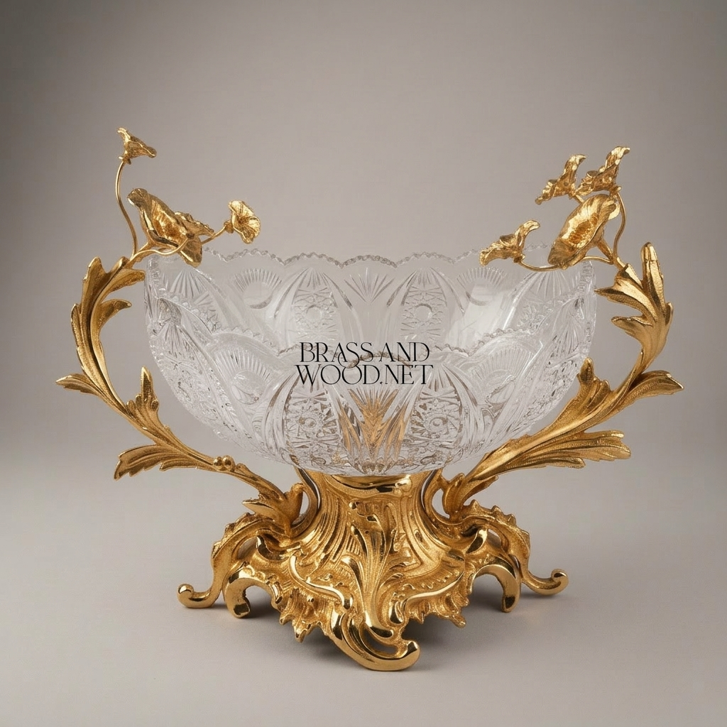 Rococo Brass & Crystal Centerpiece Bowl - Floral Branch Handles — Gold