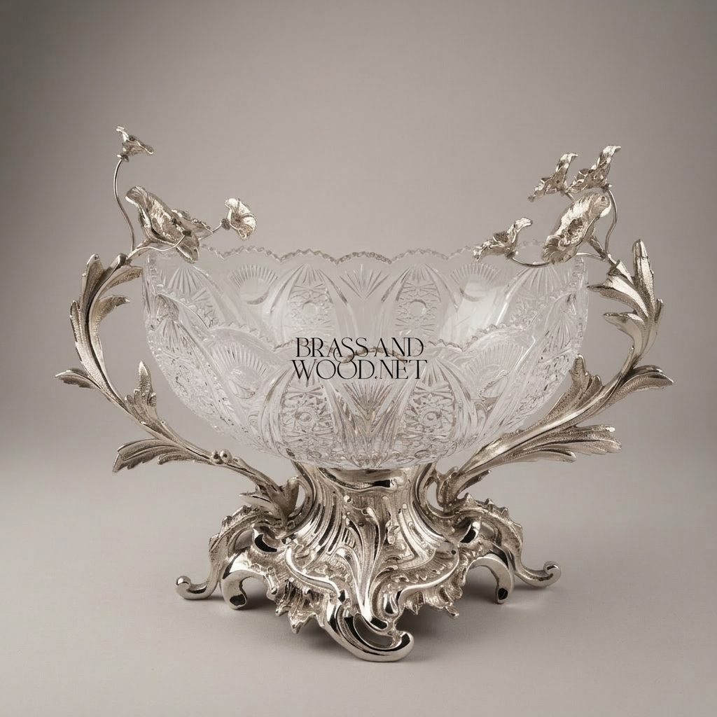 Rococo Brass & Crystal Centerpiece Bowl - Floral Branch Handles — Silver