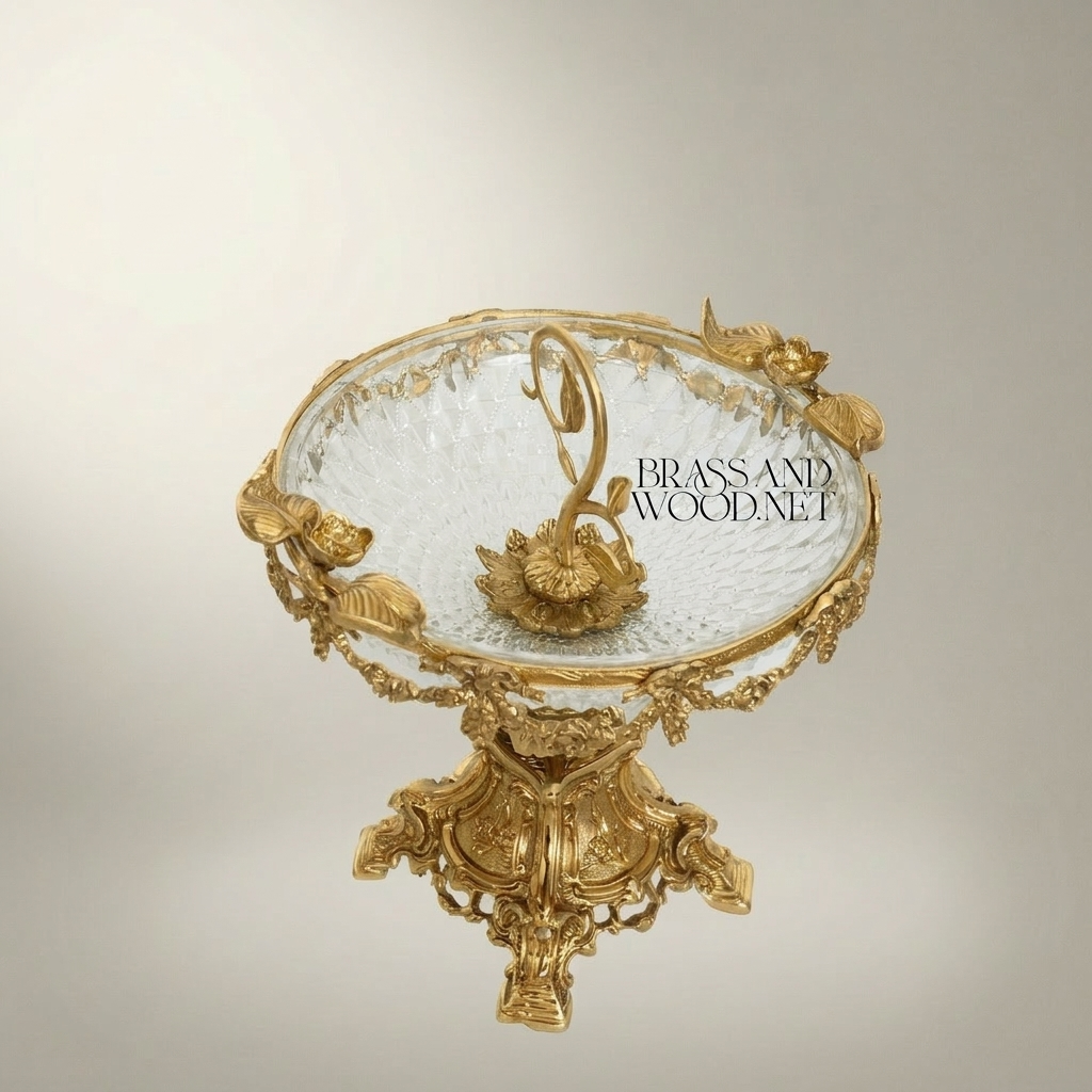 Rococo Brass & Crystal Centerpiece Bowl - Floral Garland Pedestal