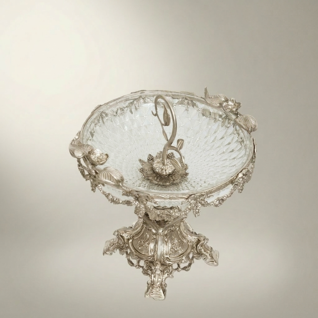 Rococo Brass & Crystal Centerpiece Bowl - Floral Garland Pedestal — Silver