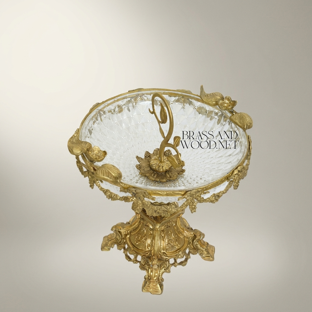 Rococo Brass & Crystal Centerpiece Bowl - Floral Garland Pedestal — Antique Gold