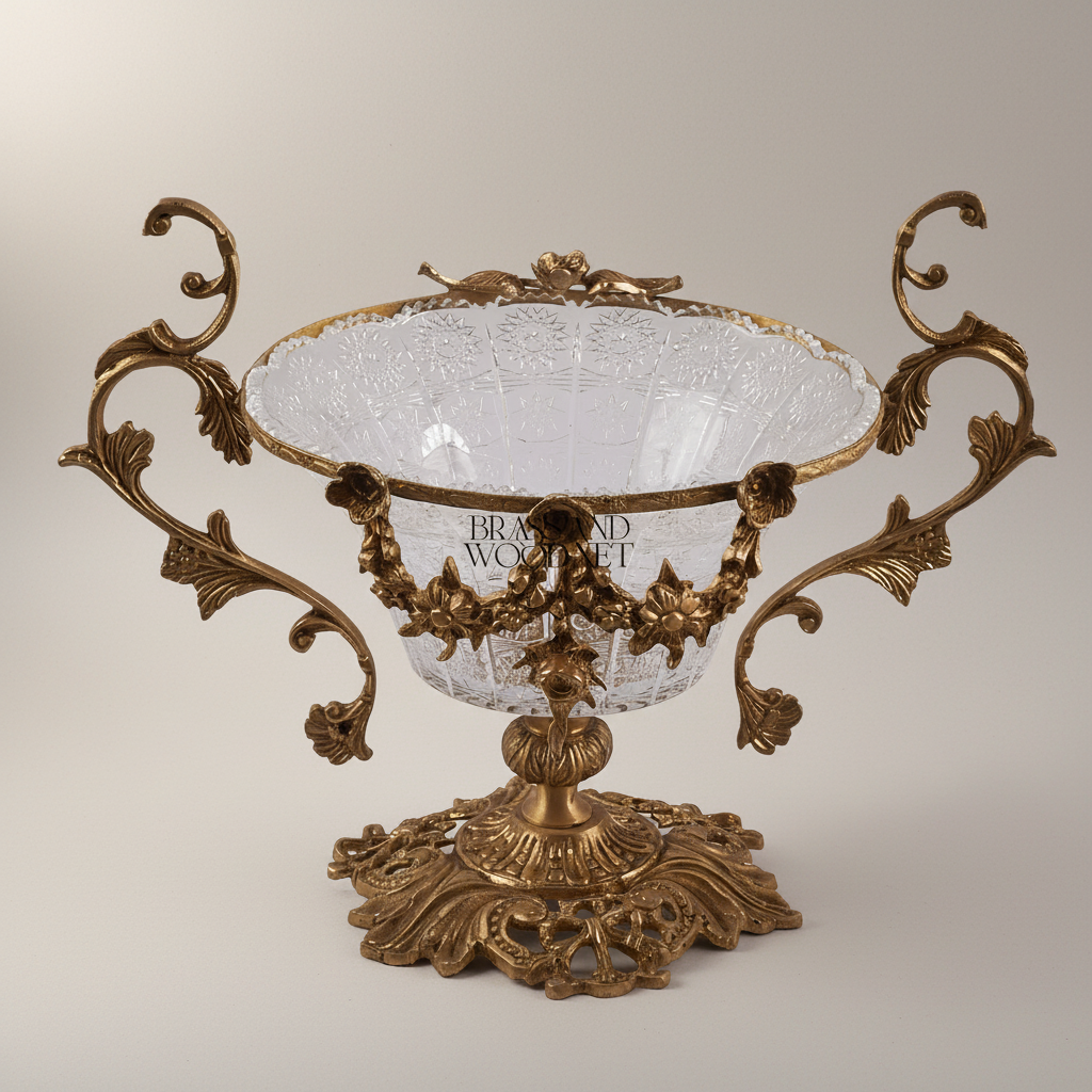 Rococo Brass & Crystal Centerpiece Bowl with Floral Swag Handles