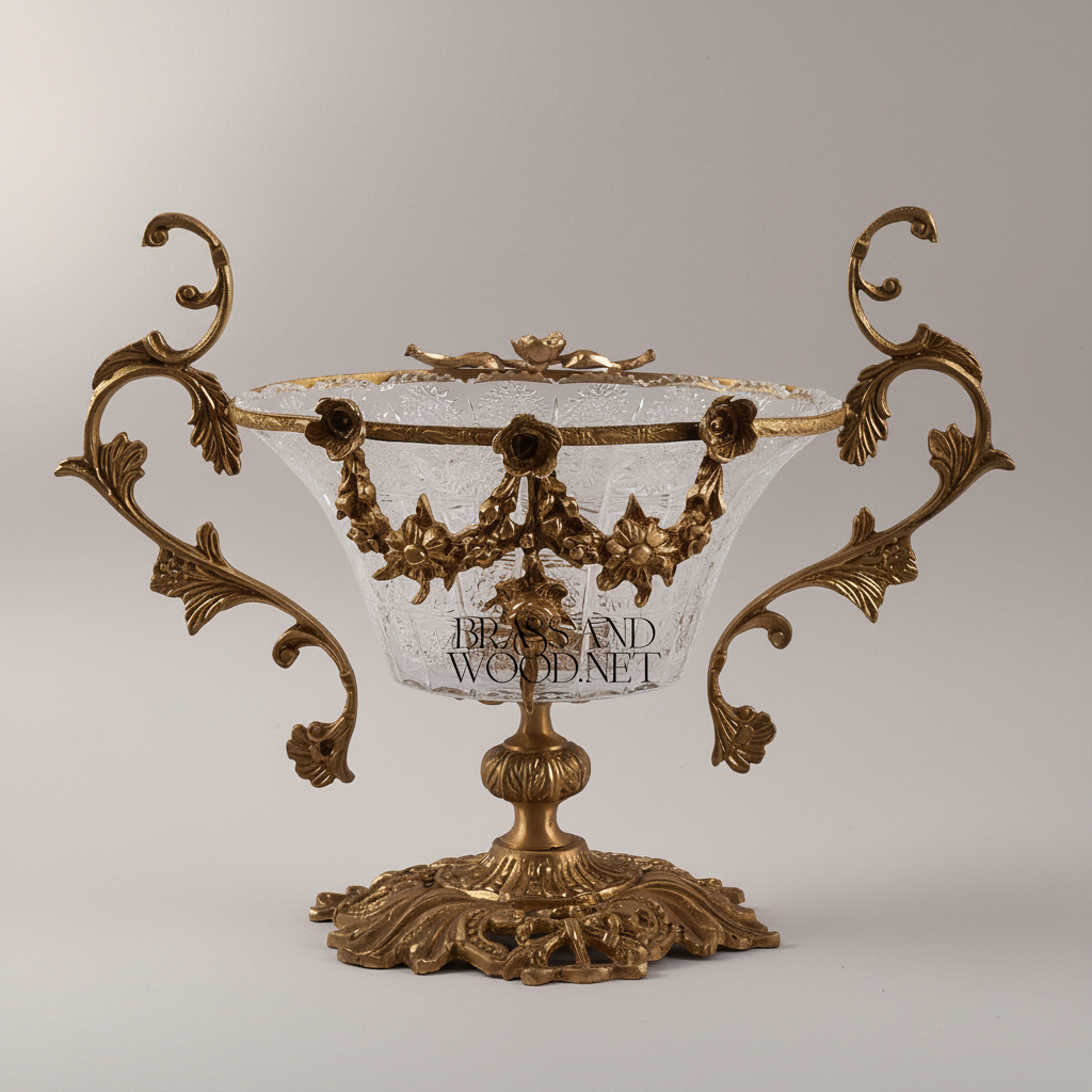 Rococo Brass & Crystal Centerpiece Bowl with Floral Swag Handles — Antique Gold