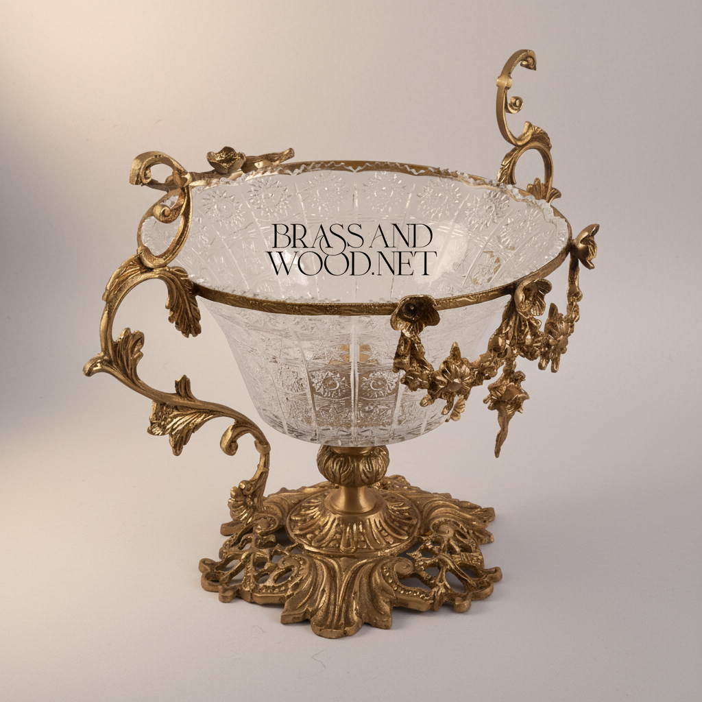 Rococo Brass & Crystal Centerpiece Bowl with Floral Swag Handles — Antique Gold